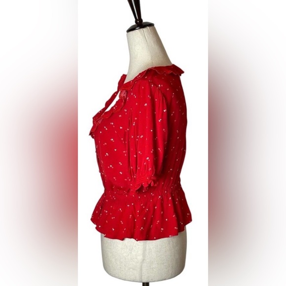 Aritzia Sunday Best Taryn Red with Pink/White Hearts Print Blouse EUC - Picture 5 of 13